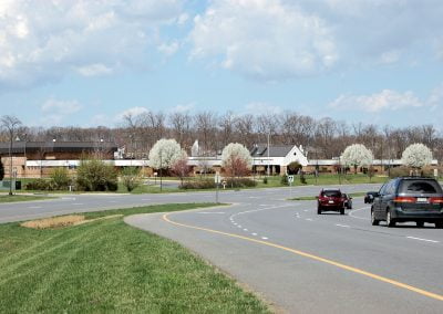 A curved asphalt road with a grassy median, lined with flowering trees, leading to buildings under a partly cloudy sky.